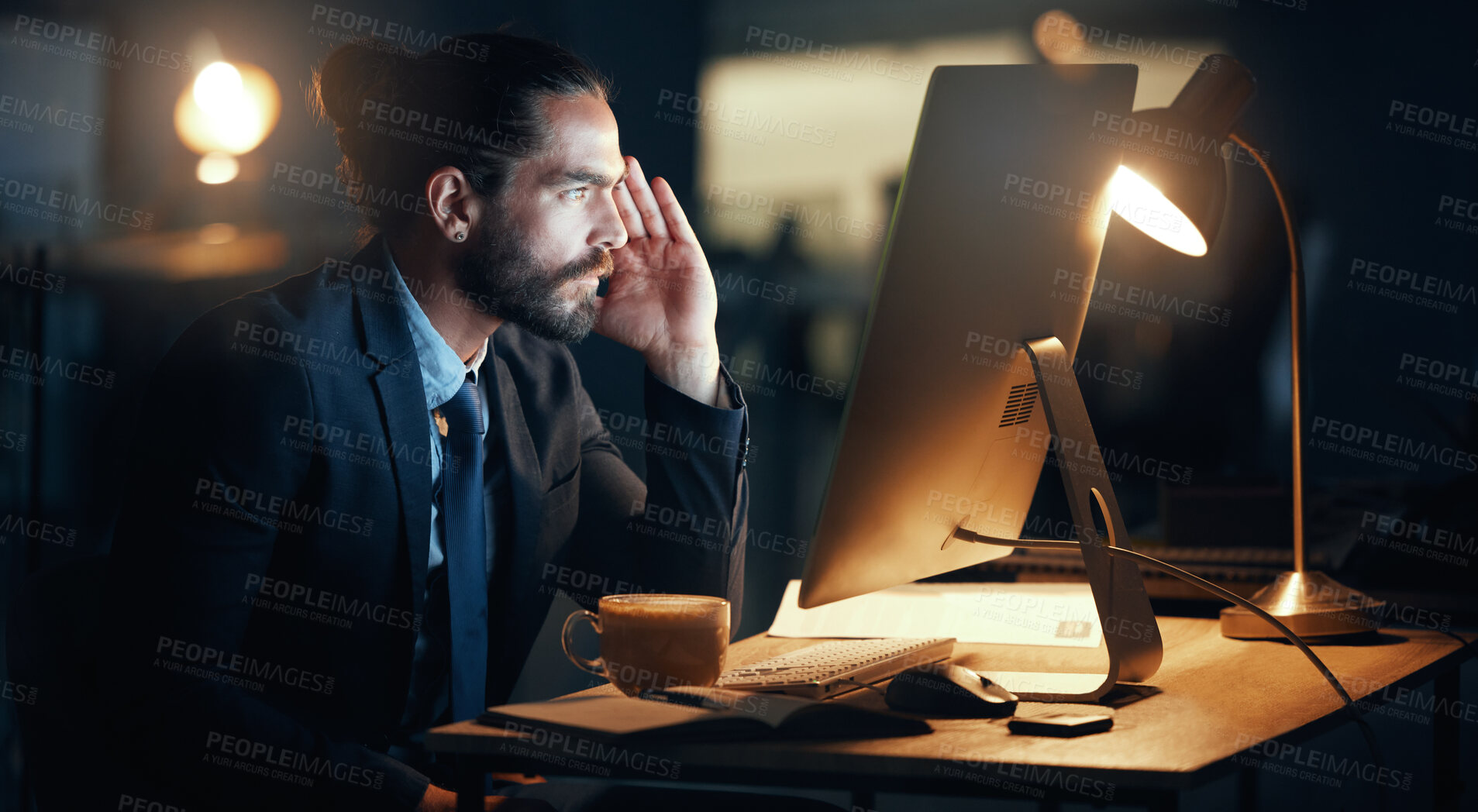 Buy stock photo Confused, business man and computer stress while finishing work deadline at night with pc glitch. Corporate male with anxiety about target working at desk screen late to complete urgent task.