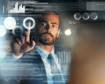 Buy stock photo Big data, digital future and crypto metaverse of fintech business man, developer and nft blockchain trader cloud computing at night. Digital transformation, ux software dashboard and cyber technology