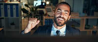 Buy stock photo Night business man fist celebrate for success, winning and bonus achievement in dark startup agency. Happy, lucky and excited sales cheering for good news deal, trading motivation and awesome victory