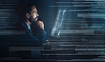 Businessman, cyber security and coding of a programmer with a vision for big data, tech and digital innovation. Male in futuristic technology on computer at night testing UX and software development.