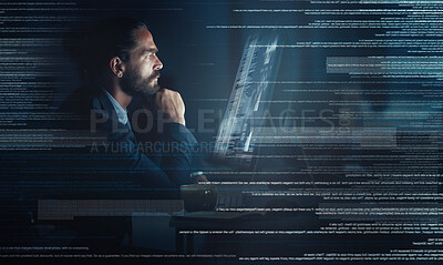 Buy stock photo Businessman, cyber security and coding of a programmer with a vision for big data, tech and digital innovation. Male in futuristic technology on computer at night testing UX and software development.