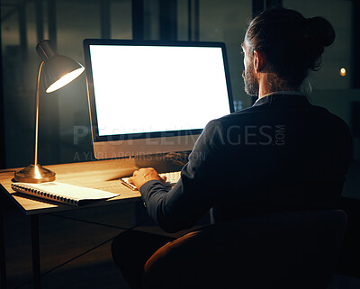 Buy stock photo Mockup space screen of a computer with a ux software office worker and developer. Digital transformation and mock up of a IT tech man working on cryptocurrency and cybersecurity erp coding database