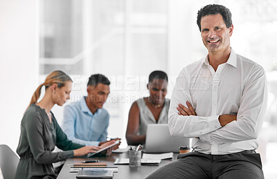 Buy stock photo Leader, business and meeting of a man in team collaboration and diversity for workplace success. Happy, proud and professional businessman in corporate leadership and management in office teamwork. 