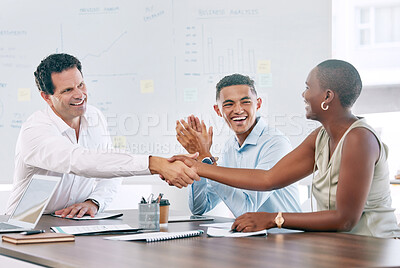 Buy stock photo Handshake, partnership or success deal in office support, trust or crm after b2b collaboration business meeting with ceo manager. Corporate teamwork people in welcome, thank you and strategy contract