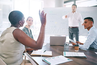 Buy stock photo Business woman with a question, in a meeting and communication with team in office. Corporate people, diversity and workers in room talking strategy, planning or b2b or marketing in company building
