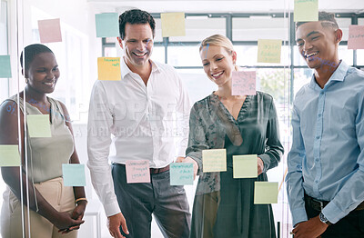 Buy stock photo Planning, sticky notes and diversity marketing business people working in partnership, collaboration and strategy meeting. Thinking, innovation and team work on glass wall for media advertising idea