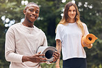 Happy, nature and yoga of a couple together on a journey for healthy mind, spirit and body in the outdoors. Portrait of an interracial man and woman in fitness ready for a natural stretching workout.