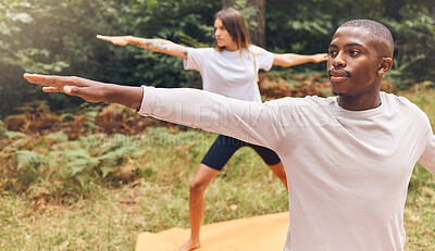 Buy stock photo Couple, nature and yoga of a man and woman in workout exercise for the mind, body and spirit outdoors. Interracial fitness people together in relaxing exercises, stretching and balance lifestyle.