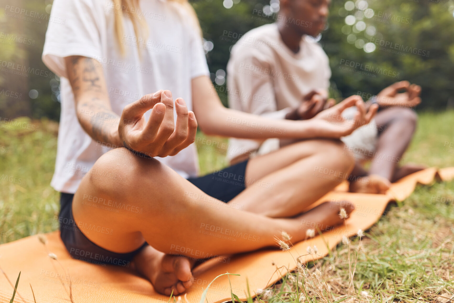 Buy stock photo Park yoga meditation, zen and mudra hands gesture in lotus pose for nature exercise and workout. Calm energy, healthy and focus people with legs crossed training for peace, wellness balance and relax