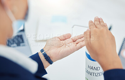 Buy stock photo Business woman hands sanitizer, covid hygiene and office protocol for healthcare safety, corona virus protection and cleaning compliance. Responsible work disinfection of germs, bacteria and flu risk