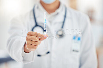 Buy stock photo Healthcare, innovation and covid vaccine by doctor holding  cure at hospital. Male research leader with medical discovery, breakthrough and medicine, offer miracle disease immunity, cancer treatment