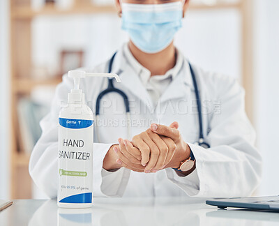 Buy stock photo Doctor hands sanitizer for covid cleaning, hygiene and protocol in hospital clinic for corona virus pandemic, disinfection and bacteria. Healthcare safety, flu germs and wellness to prevent sick risk
