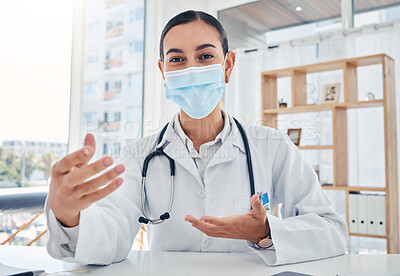 Buy stock photo Doctor with covid face mask talking on video conference, consulting on a video call and teaching health on webinar at hospital. Portrait of healthcare worker in discussion about medical insurance