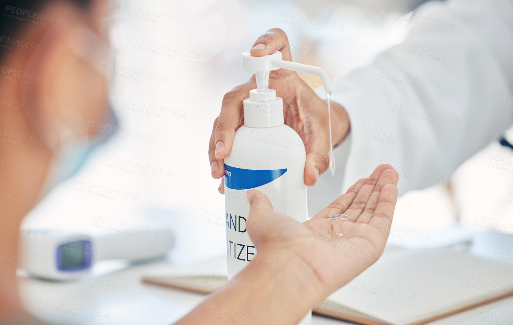Buy stock photo Hands, sanitize and safety from bacteria, corona or germs for protection during flu season. Clean covid products for cleaning, hygiene and safe living from disease virus, illness or virus 