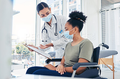 Buy stock photo Doctor with covid patient in wheelchair for insurance, healthcare worker and nurse talking to hospital patient with disability about document and paperwork. Woman consulting with nurse before surgery