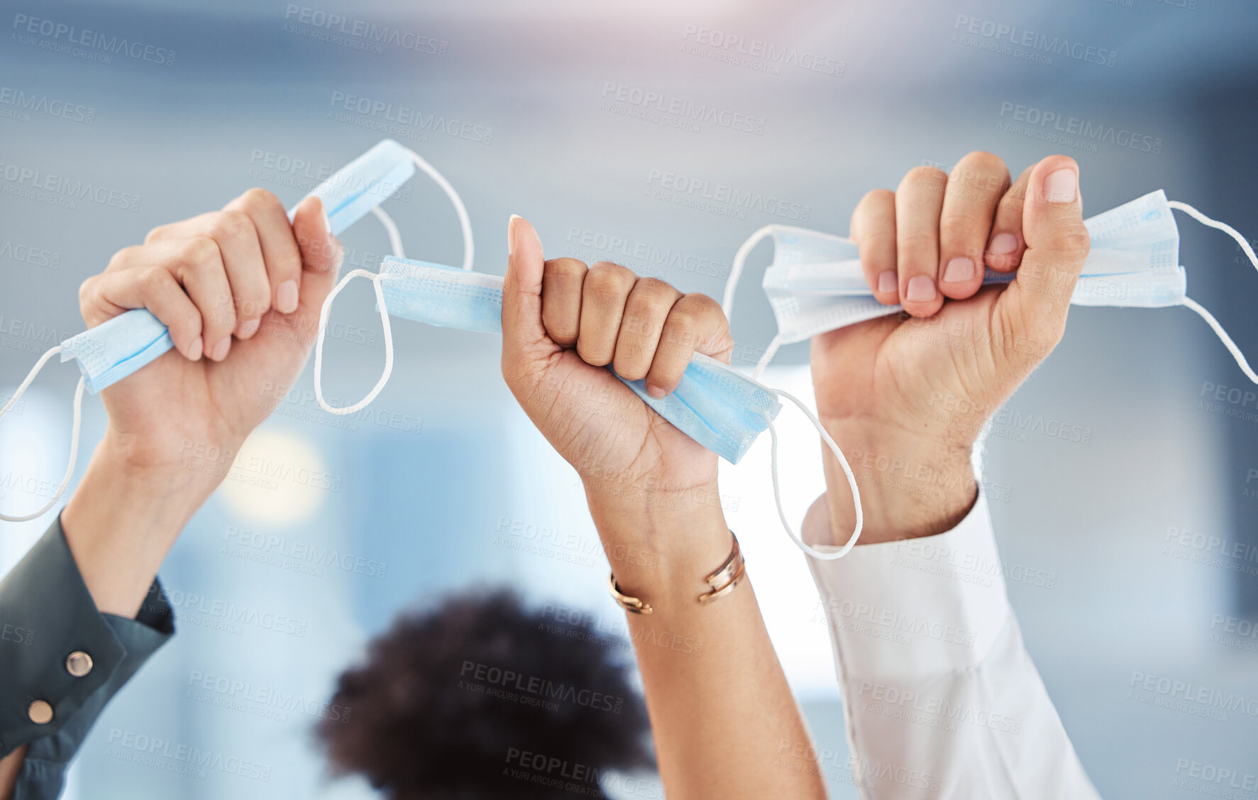 Buy stock photo Covid freedom, hands and taking off face mask in success, support and community post lockdown in global virus stop. Zoom on protest diversity, cheering teamwork and office compliance business people