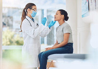 Buy stock photo Covid, mask woman and patient mouth test with medical doctor specialist at consulting facility. Healthcare worker doing virus swab examination for person with coronavirus sickness symptoms.