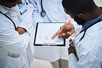 Results, clipboard and hand of doctor team with patient lab test, information or innovation research of a medical study. Medicine worker consulting healthcare employee working in a New York hospital