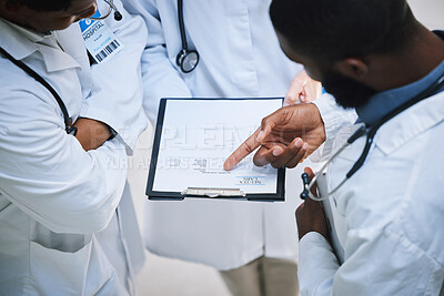Buy stock photo Results, clipboard and hand of doctor team with patient lab test, information or medical study innovation research. Medicine worker consulting healthcare employee in work, clinic or hospital meeting