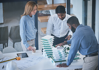 Buy stock photo Architecture, collaboration and planning with an architect, engineer and builder meeting and discussing 3d building design or model. Teamwork and design by men and woman planning construction project