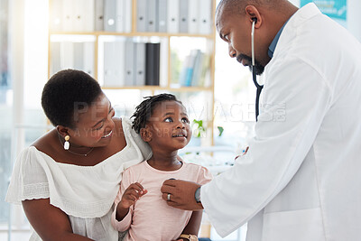 Buy stock photo Heart doctor, mother and child at a hospital for checkup, examination or medical advice at a clinic. Black healthcare man in cardiology checking little girl patient in medicare, examine appointment.