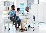 Black doctor, medicine and medical worker consulting with baby, father and child patient for covid, allergies or hospital. Nurse, trust and support African family wellness healthcare for health help