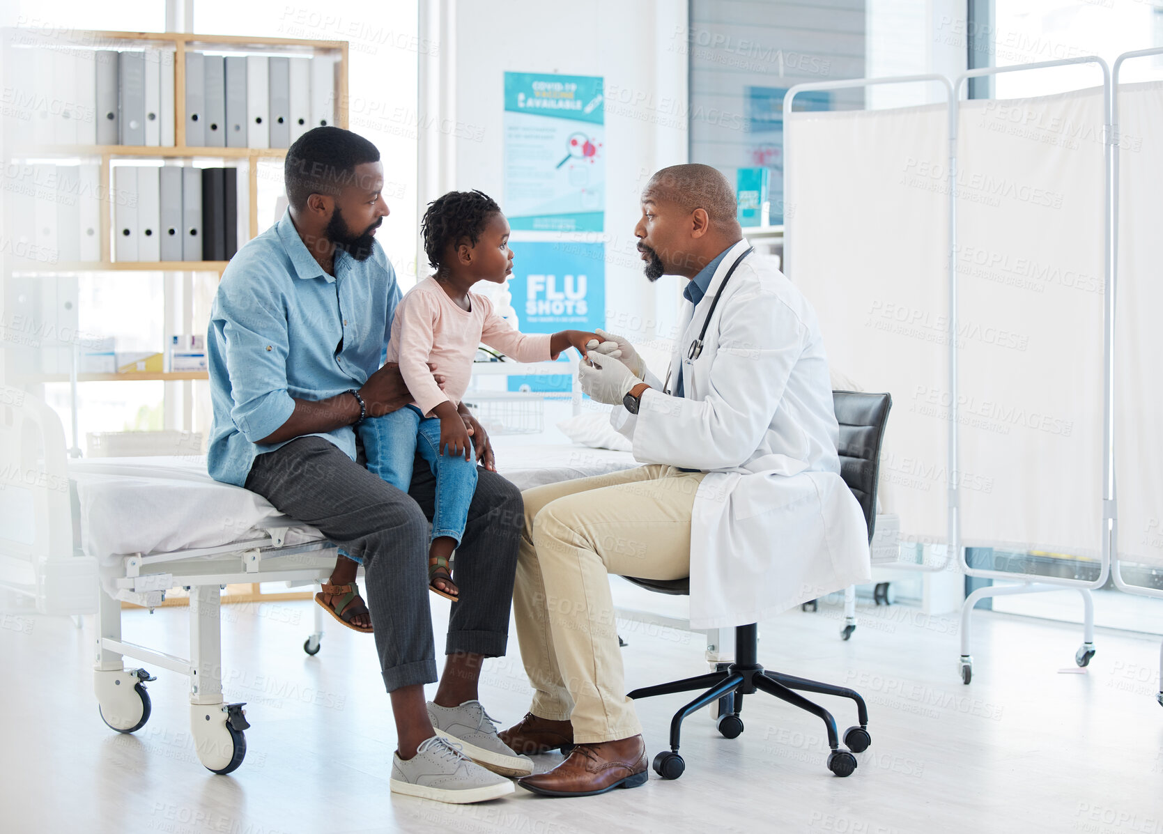 Buy stock photo Black doctor, medicine and medical worker consulting with baby, father and child patient for covid, allergies or hospital. Nurse, trust and support African family wellness healthcare for health help