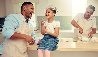 Buy stock photo Girl, father and funny and crazy kitchen entertainment with child to bond with parent in home. Silly, cute and happy family relationship with innocent and goofy fun while cooking together.