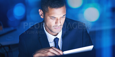 Buy stock photo Businessman with digital tablet overtime for data research in a corporate office at night. Male entrepreneur and executive worker using technology to communicate and network with online app or email