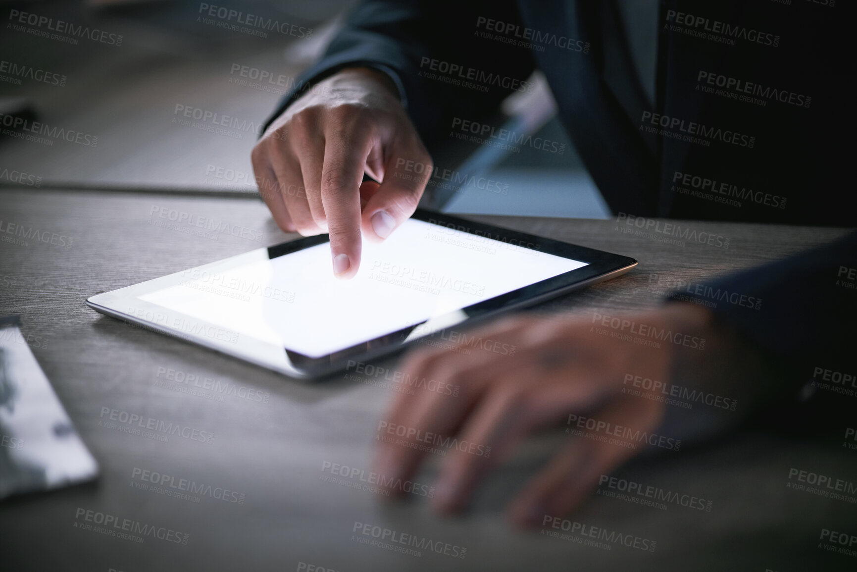 Buy stock photo Tablet, hands and technology with a business man working on wireless tech in his office at work. 5g, wifi and social media with a male employee or worker planning on a calendar or schedule online