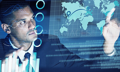 Buy stock photo IT businessman with futuristic infographic of global chart, big data analytics or international company finance software screen overlay. Information technology, corporate fintech or world future seo