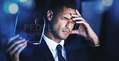 Buy stock photo Eye strain, headache and office night stress of a business man working on a tax audit. Financial fintech business man with anxiety tired about finance accounting, job report and finance career 