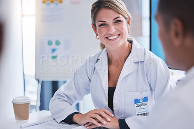 Buy stock photo Innovation, collaboration and healthcare leader in doctor meeting with experts discuss goal or vision. Happy healthcare worker excited about medical breakthrough or cancer cure discovery with team