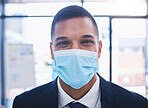 Businessman with a covid face mask and happy portrait for vision, goal and motivation for job, career or work growth. Young corporate worker working in coronavirus pandemic with safety and compliance