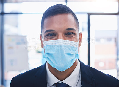 Buy stock photo Businessman with a covid face mask and happy portrait for vision, goal and motivation for job, career or work growth. Young corporate worker working in coronavirus pandemic with safety and compliance