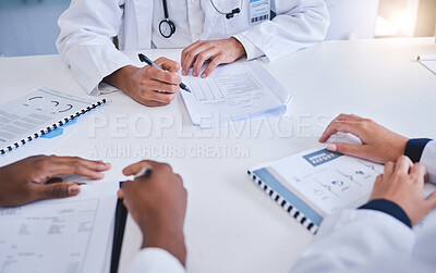 Buy stock photo Diversity, surgeons or doctor hands meeting, planning and collaboration with medical charts, data and patient report in hospital. Healthcare team consulting with vision, mission and innovation review