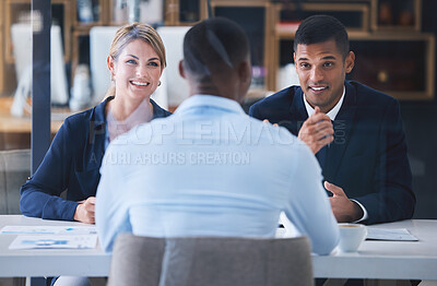 Buy stock photo Business interview in a corporate office with an ambitious employee discuss goal and plan with HR or investor. Professional worker sharing exciting strategy or proposal for business integration