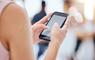 Buy stock photo Woman mock up, blank screen and phone of business person, creative designer and entrepreneur browsing, texting and planning in agency. Closeup of manager check online, internet and app notifications
