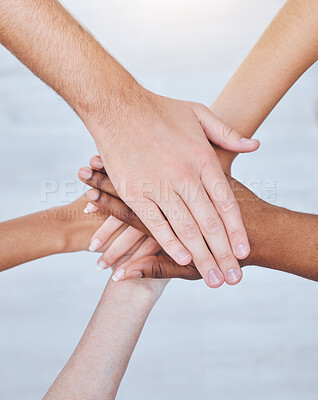 Buy stock photo Support hands, solidarity and team building collaboration people together and united. Trust, help and social circle for diverse union of multicultural relationship to care and understand.