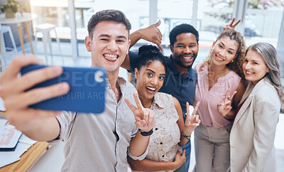 Buy stock photo Diversity work selfie of team with a smile happy about teamwork collaboration and office support. Job friends and digital marketing employee business group posing with a peace hand sign and community