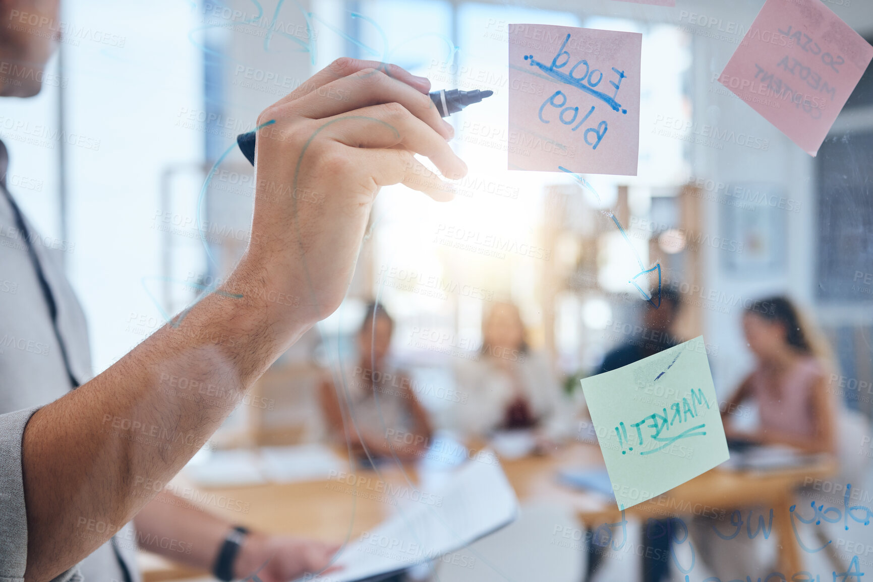 Buy stock photo Glass, idea and sticky note wall for brainstorming business development and growth of company. Logistics, solution and inspiration meeting board for corporate planning and innovation in team. 