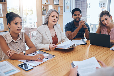 Buy stock photo Business people meeting to talk about data paperwork in an office. Group of marketing professional workers planning a strategy while collaborating to discuss ideas for a project in a creative startup