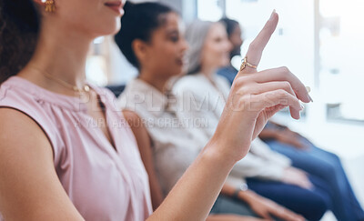 Buy stock photo Question, idea and audience with business women in seminar, workshop or team coaching meeting. Finger gesture for faq, about us or mindset and woman with strategy or planning query for team building