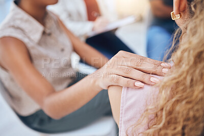 Buy stock photo Hand of woman, support group or psychology, therapy and rehabilitation. Counseling, rehab and girl ready to help, aid or be of service to friend after drug addiction, depression or poor mental health