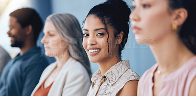 Buy stock photo Learning, education and training with business woman in meeting with smile in seminar, conference and coaching workshop. Portrait of girl employee in audience of business meeting team trade show