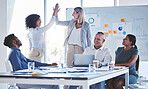 Business teamwork high five celebrate deal success, target and winner motivation working in startup agency. Happy company of people, employee collaboration and worker in support of excited goal