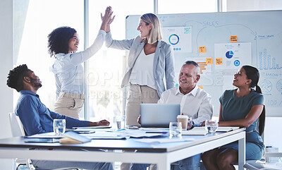 Buy stock photo Business teamwork high five celebrate deal success, target and winner motivation working in startup agency. Happy company of people, employee collaboration and worker in support of excited goal