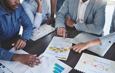 Buy stock photo Hands teamwork, planning and paperwork, documents or charts doing research, data and budget report. Corporate people discussing graphs, financial statistics or infographic analytics on a table.

