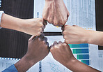 Corporate support, motivation for team goal and trust in partnership with hands of finance business people in a meeting, seminar or workshop. Fist bump for teamwork, collaboration and solidarity 