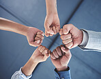 Team fist bump of business people with teamwork, work support and motivation hand sign. Office group hands together in a circle to show job community, goal collaboration and career target success
